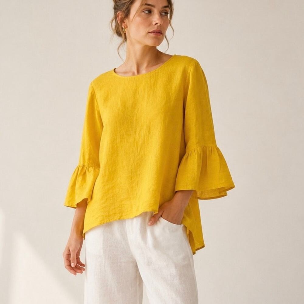 John Mark 100% Linen Yellow Bell Sleeve Tunic Blouse Top Medium Boho Coastal
